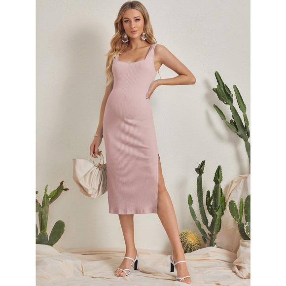 Maternity Split Thigh Rib knit Dress pink - Picture 1 of 10